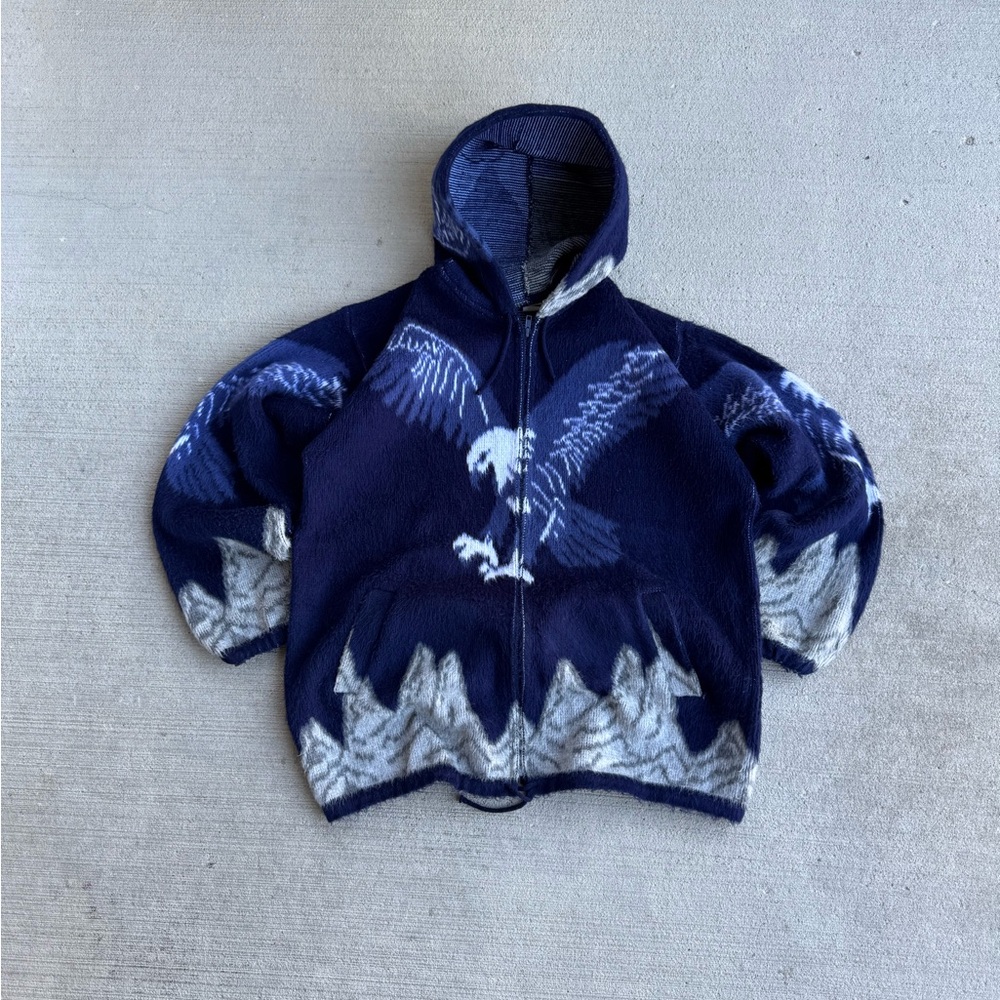 Vintage Artesanias Tuntaquimba Wool Eagle Zip Up Hooded Sweater Jacket Size XL